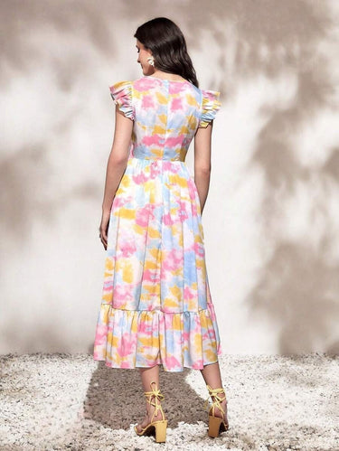 My Western Round Neck Tie Ruffle Hem A Line Dress Short Sleeve Long Dress My Western